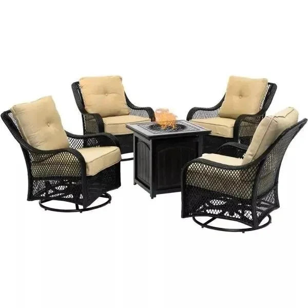 5-piece Steel Patio Fire Pit Seating Set With Navy Blue Cushions, Swivel Gliders And Square Fire Pit Table
