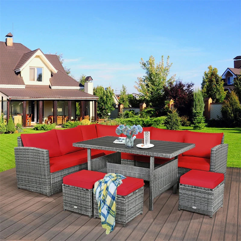 7 Pcs Rattan Patio Dining Furniture Sectional Sofa Set With Dining Table, Ottomans And Cushions