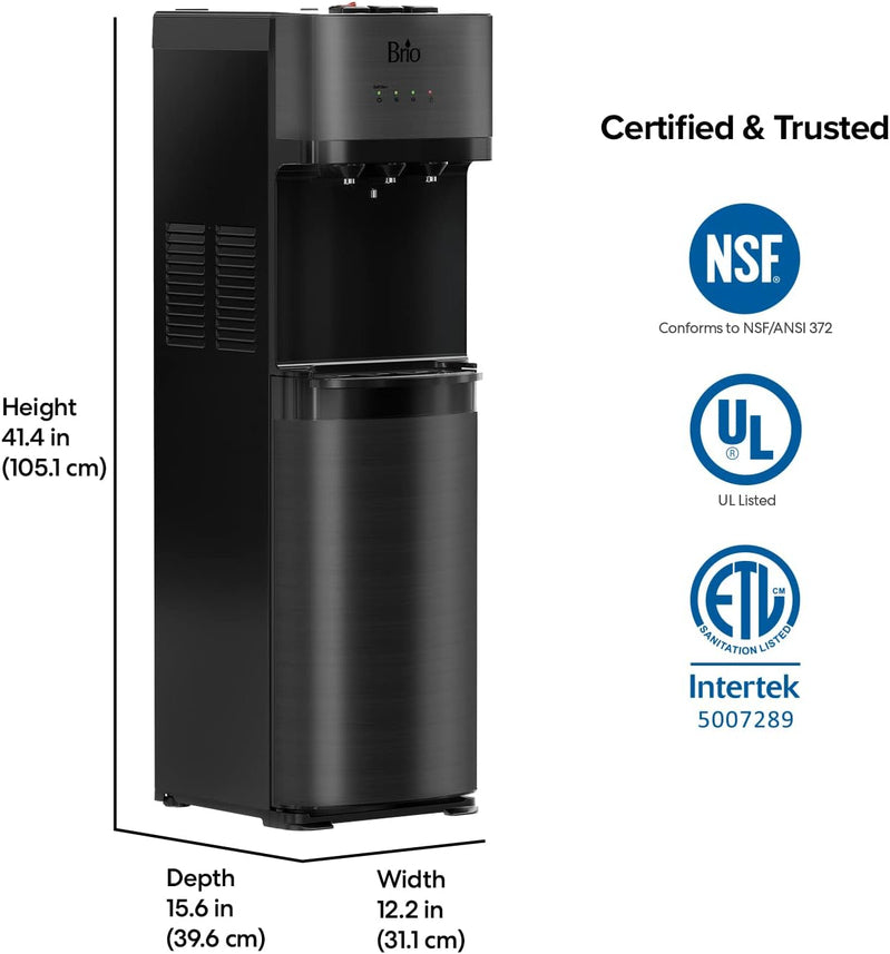 Self Cleaning Bottom Loading Water Cooler Water Dispenser Black Stainless Steel, 3 Temperature Settings, Hot, Room And Cold Water