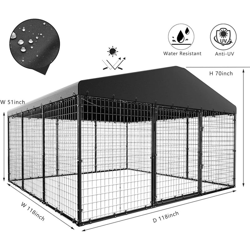 W 118 x D 118 x H 70 Large Outdoor Dog Kennel, Heavy Duty Dog Cage Enclosure With Waterproof Roof