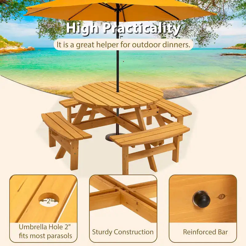 8-Person Outdoor Patio Fir Wood Round Picnic Dining Set With 4 Built-In Benches And Umbrella Hole