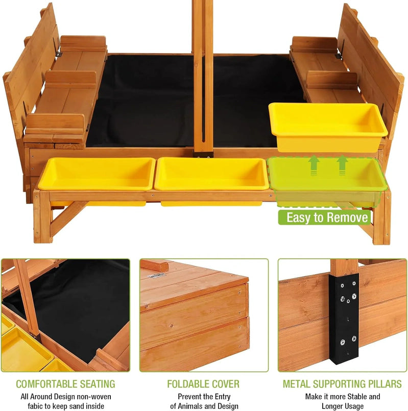 Kids Wooden Outdoor Sandbox w/Canopy, 2 Foldable Bench Seats, Retractable Roof Sand Protection Liner 47x47-Inch