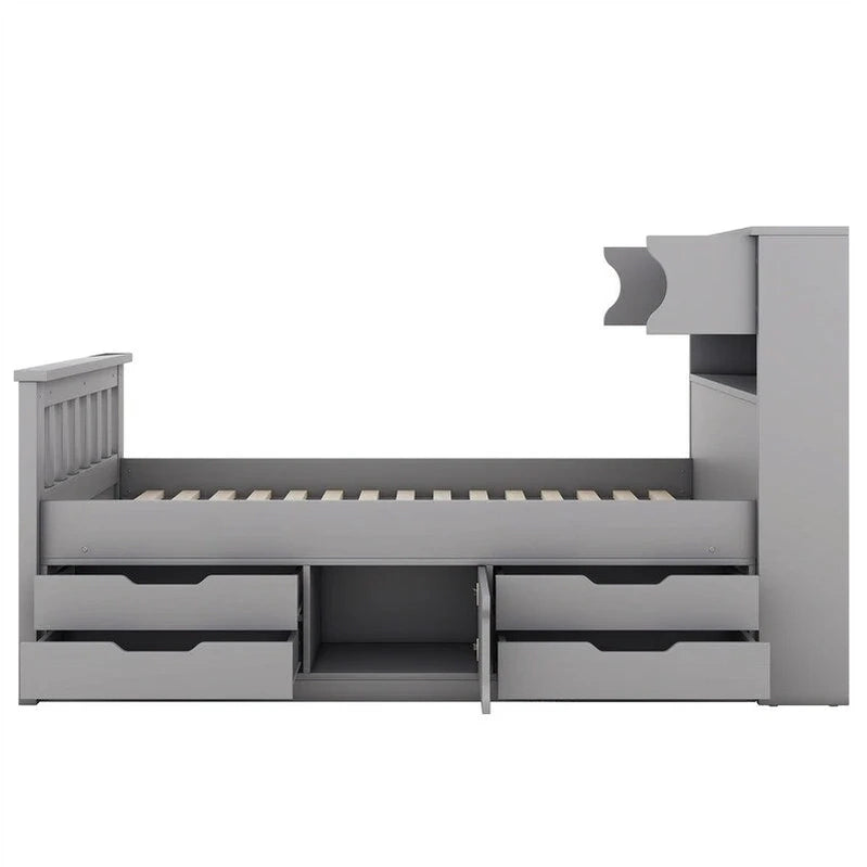 Twin/Full Size Captain Platform Bed With 4 Drawers And Storage Shelves, Solid Wood Bed Frame With Storage Bookcase Headboard