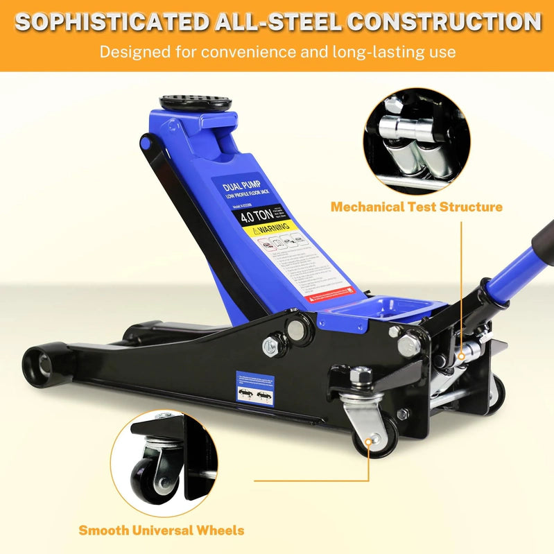 4-Ton Floor Jack, Low Profile Car Jack, Heavy-Duty Trolley Jack Car Lift With Dual Pump Pistons, Lifting Range 4 In.-21 In., 8000lbs