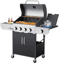 Upgraded 4 Burner Bbq Propane Gas Grill With Cast Iron Grates And Side Stove, 44,000 BTU Stainless Steel Burner Barbecue Grill For Patio