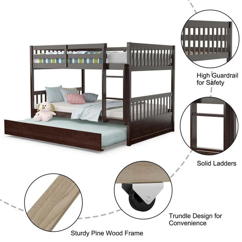 Solid Wood Full Over Full Bunk Bed Frame With Trundle, Safety Ladder And Guardrails, Convertible Bunk Bed For Kids Teens