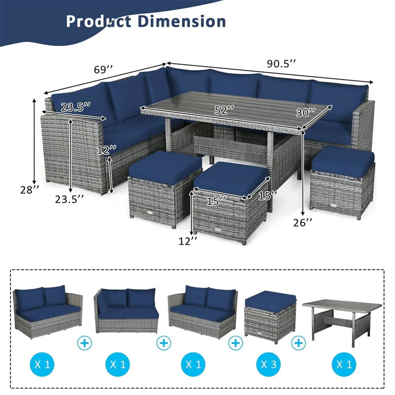 7 Pcs Rattan Patio Dining Furniture Sectional Sofa Set With Dining Table, Ottomans And Cushions