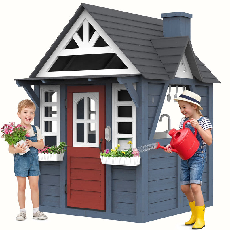 Coclub Outdoor Playhouse For Kids Ages 4-8, Wooden Play House With Doorbell, Phone, Kitchen Toys, Outdoor Kids Play Equipment, Casa Para Ni As