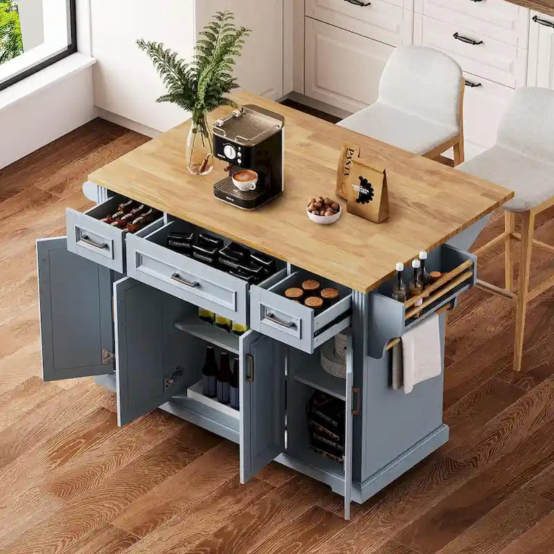 54 Large Kitchen Island With Rubber Wood Drop Leaf, Embossed Texture Rolling Kitchen Cart On 4 Wheels With 4 Doors And 3 Drawers