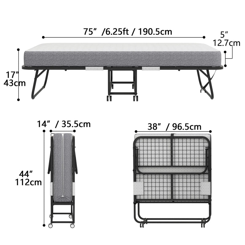 Folding Bed With Mattress 75 In. x 31 In. Cot Size Folded Bed