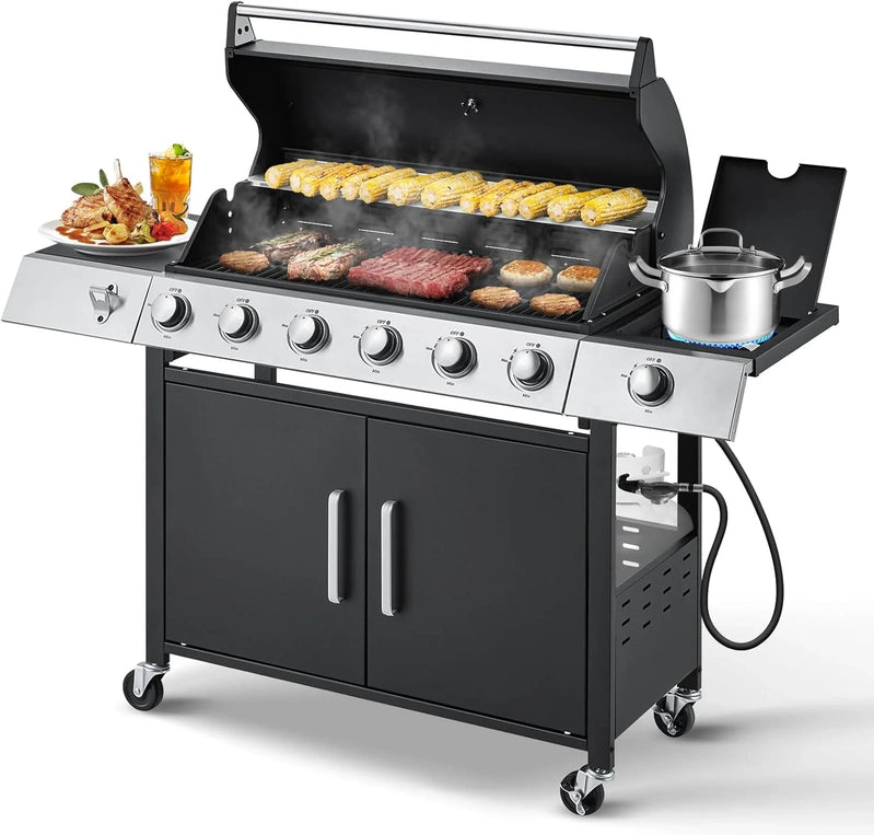Upgraded 4 Burner Bbq Propane Gas Grill With Cast Iron Grates And Side Stove, 44,000 BTU Stainless Steel Burner Barbecue Grill For Patio