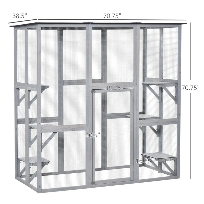 PawHut Wooden Catio Enclosure With Weather Protection, 6 Platforms, Outdoor, Large, 71 In. x 38.5 In. x 71 In