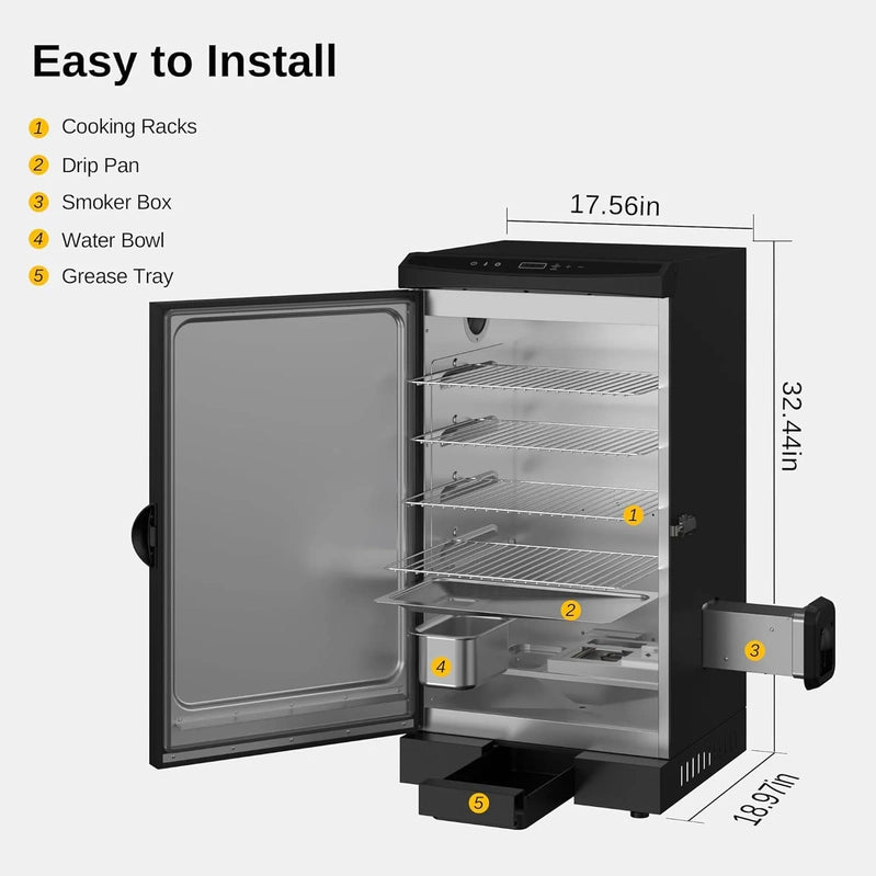 East Oak 30 In. Outdoor Electric Smoker, Built-In Meat Probe, Smokes Up To 6 Times Longer In A Single Load, Side Loader For Uninterrupted Smoking