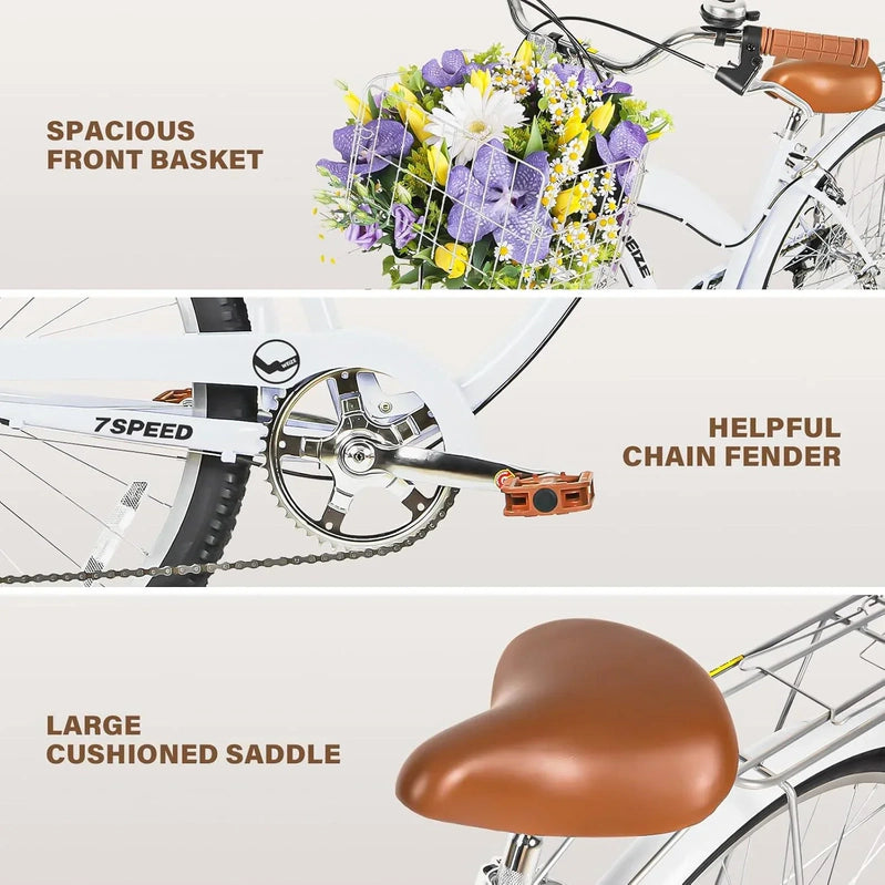 Weize Beach Cruiser Bike 26 In. Commuter Bicycle For Adult Men And Women 7-Speed/High-Carbon