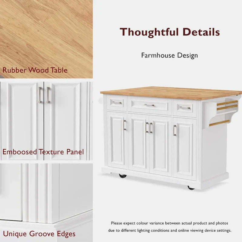 Large Kitchen Island With Wood Drop Leaf, Embossed Texture Rolling Kitchen Cart wDoors And Drawers wStorage For Kitchen, White