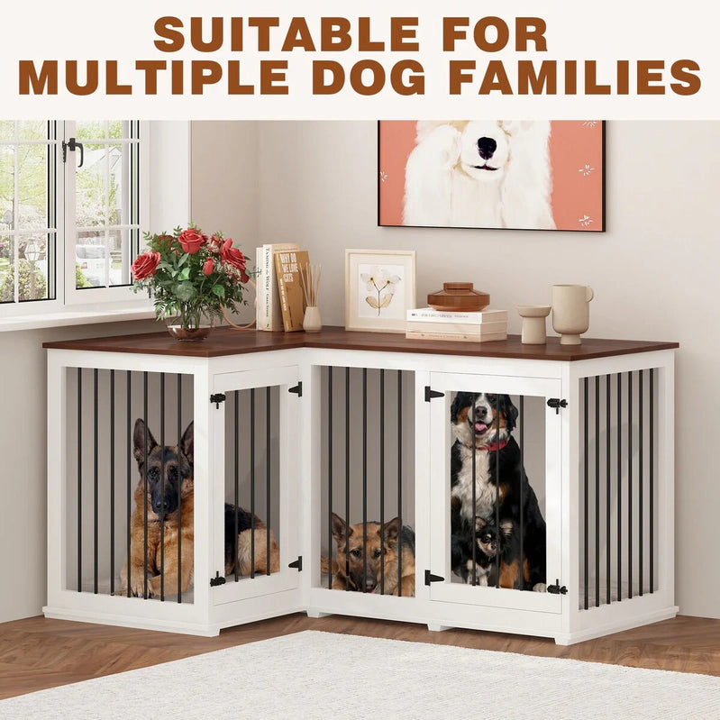 Large Corner Dog Crate Furniture For 2 Dogs, L Shape Dog Crate Cage, 58.7X41.1