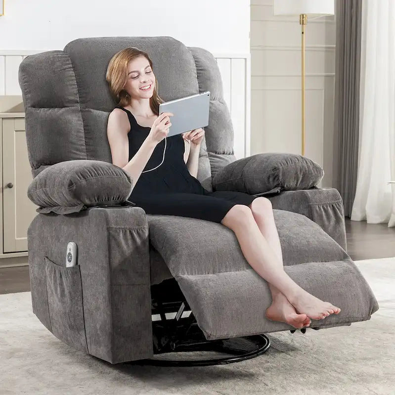 Grey Oversized Recliner With Heat And Massage, 150 Recline, 30 Rocking, USB Charging, And 2 Cup Holders