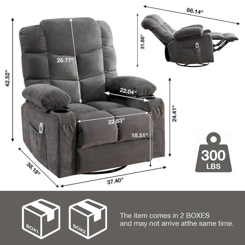 Grey Oversized Recliner With Heat And Massage, 150 Recline, 30 Rocking, USB Charging, And 2 Cup Holders