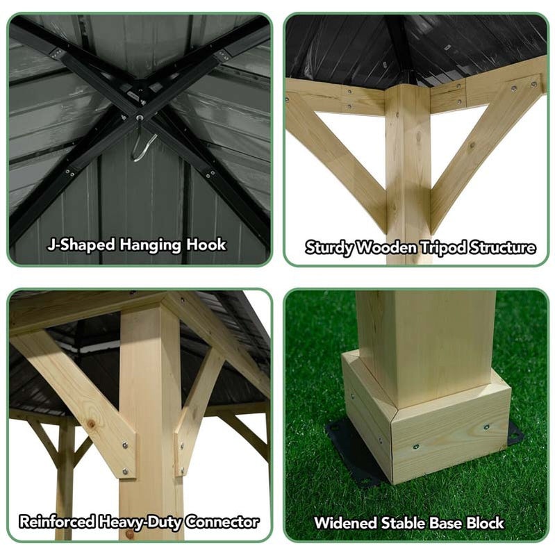 10 x 10 Ft. Outdoor Patio Hardtop Gazebo With Wood Frame And 2-Tier Metal Roof, All-Weather Gazebo Pergolas Shelter