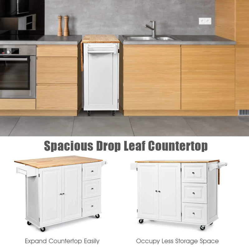 Giantex Kitchen Island Cart, Large Trolley Cart w/Drop-Leaf Tabletop, Large Cabinet, 3 Drawers, Spice Rack, Towel Rack