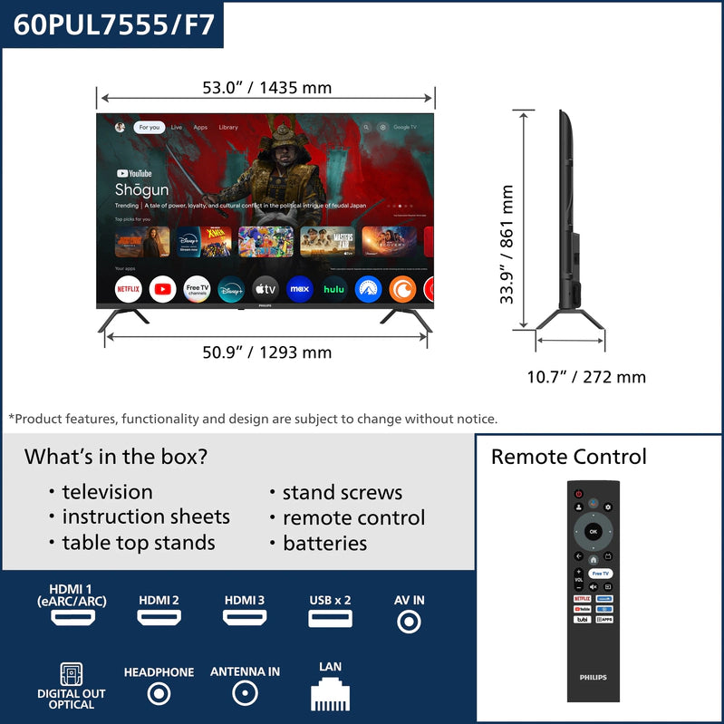 Philips 60 Class 4K Ultra HD, 2160p Google Smart LED TV, 60PUL7555/F7