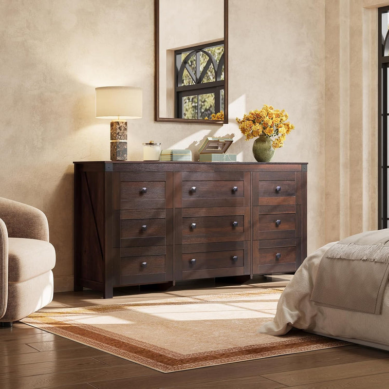 9 Drawer LED Dresser For Bedroom, 58.35 In. Wide Wood Dresser Storage Organizer With Power Outlets For 65 In. TV, Dressers With Open Shelves