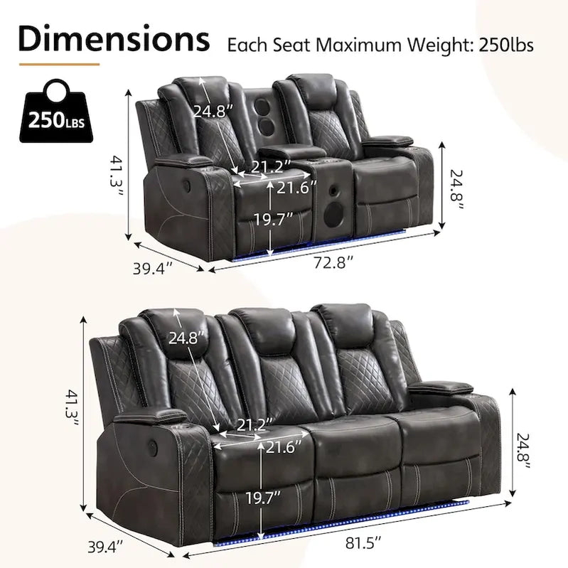 Power Reclining Sofa With Wireless Charger, Reading Light For Living Room, Faux Leather LED Light, AC/USB Port, Cup Holder, Black