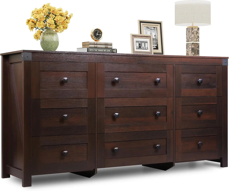9 Drawer LED Dresser For Bedroom, 58.35 In. Wide Wood Dresser Storage Organizer With Power Outlets For 65 In. TV, Dressers With Open Shelves