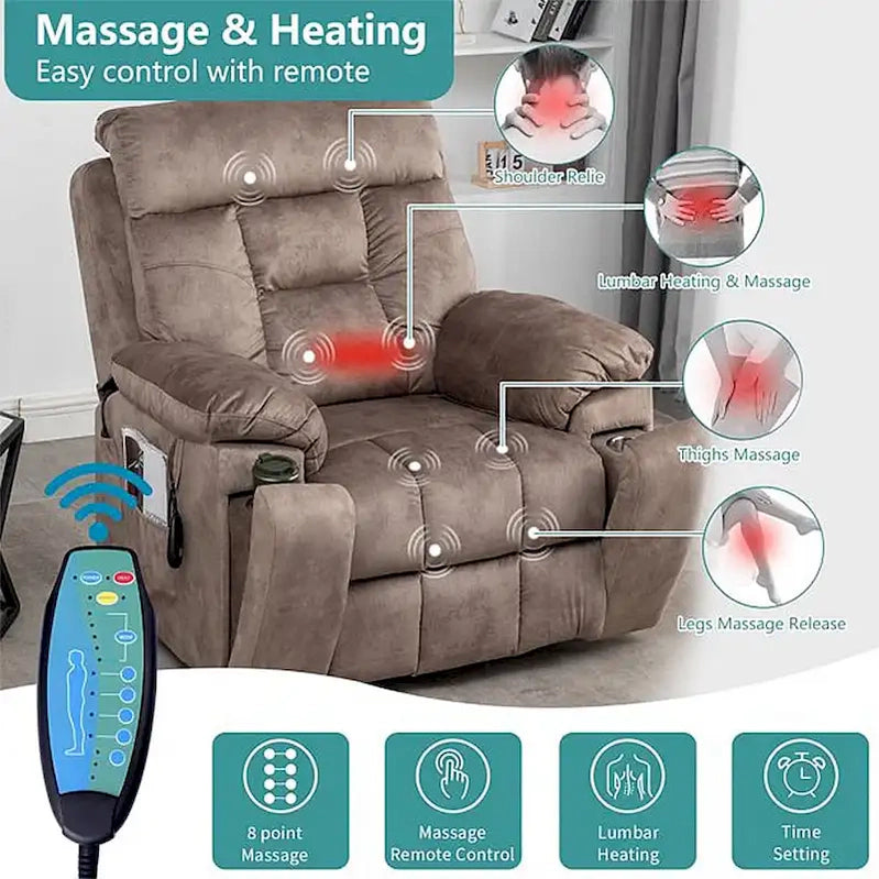 Large Electric Massage Lift Recliner With Heat, Hidden Cup Holder