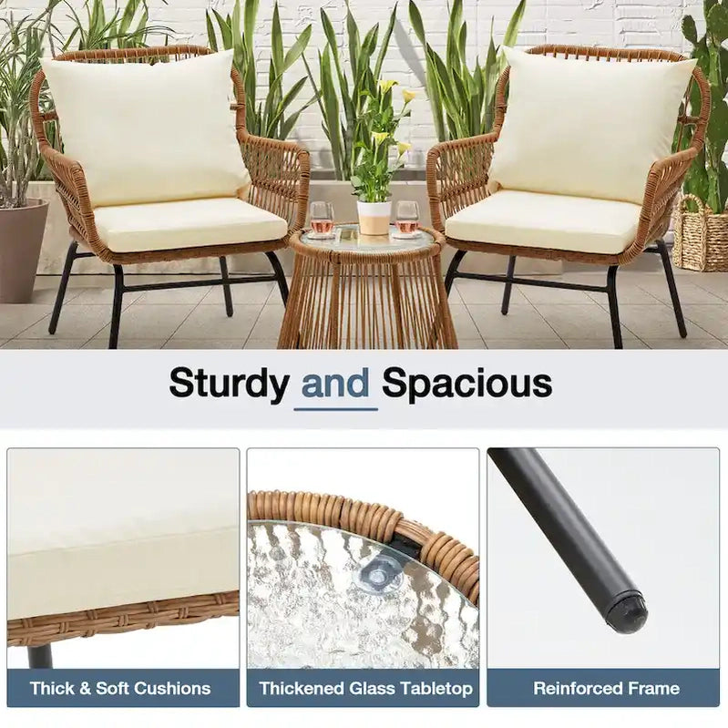 3-Piece Patio Conversation Bistro Set, Outdoor Rattan Furniture Set With Glass Table And 2 Wide Armchairs, Seat Cushions