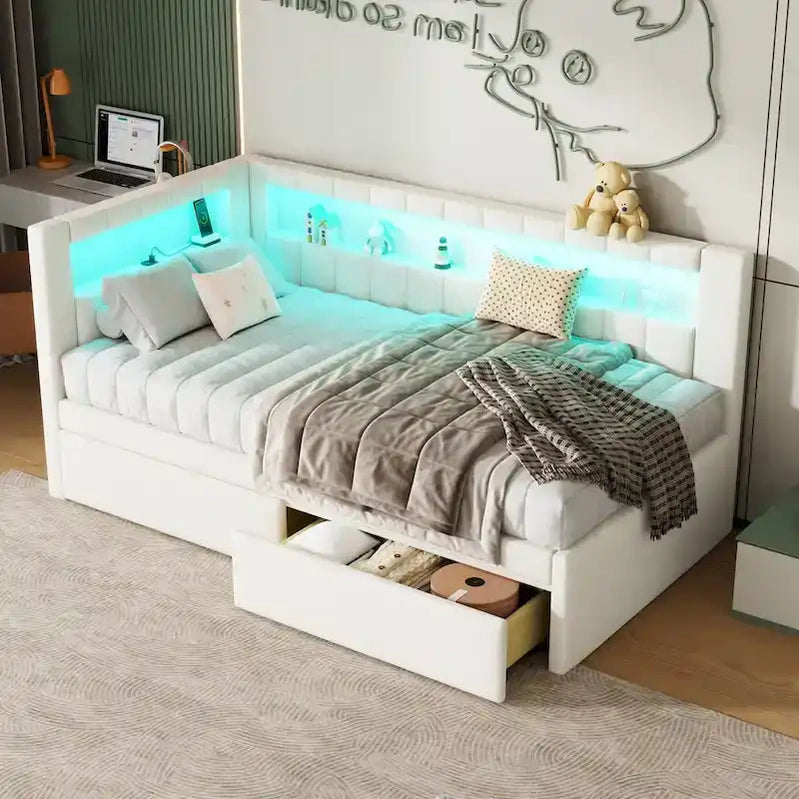 Upholstered Platform Bed With USB Ports And LED Lighting, Full/Twin Size Bed Frame With 2 Storage Drawers, Modern Bedroom