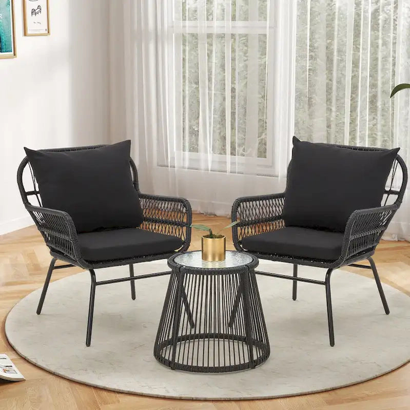 3-Piece Patio Conversation Bistro Set, Outdoor Rattan Furniture Set With Glass Table And 2 Wide Armchairs, Seat Cushions