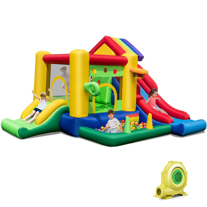 Costway Colorful Rainbow Kids Inflatable Bounce Castle With 50 Ocean Balls And 735W Blower