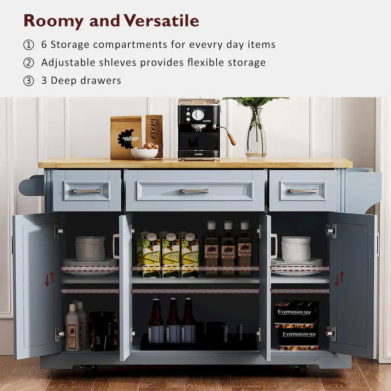 54 Large Kitchen Island With Rubber Wood Drop Leaf, Embossed Texture Rolling Kitchen Cart On 4 Wheels With 4 Doors And 3 Drawers