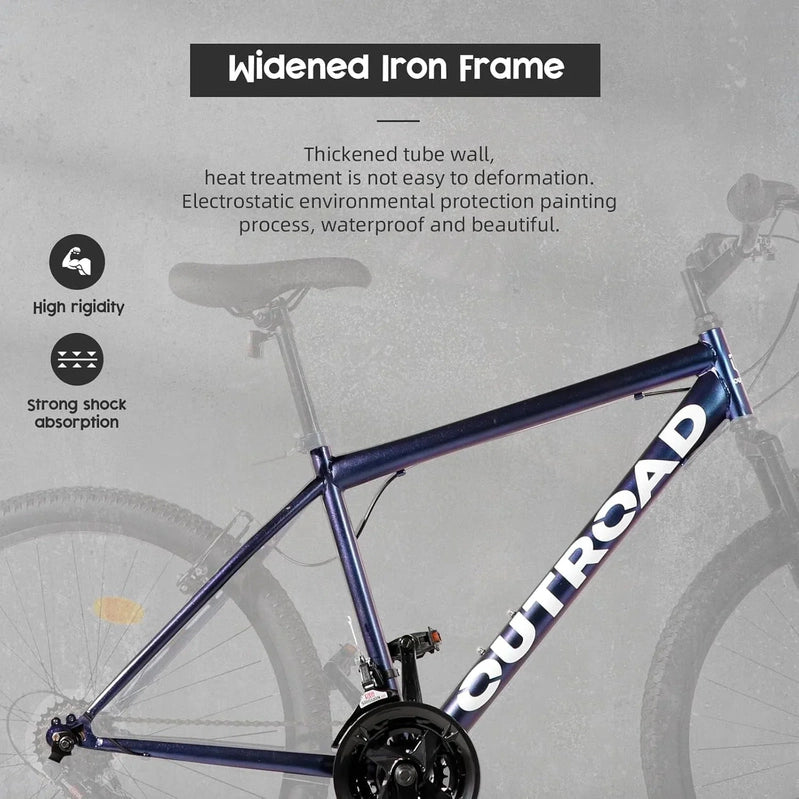 Outroad 26 In. Mountain Bike, 21-Speed/High-Carbon Steel/Aviation Grade Frame, Dual Disc/V Brake