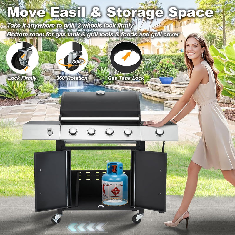 Upgraded 4 Burner Bbq Propane Gas Grill With Cast Iron Grates And Side Stove, 44,000 BTU Stainless Steel Burner Barbecue Grill For Patio