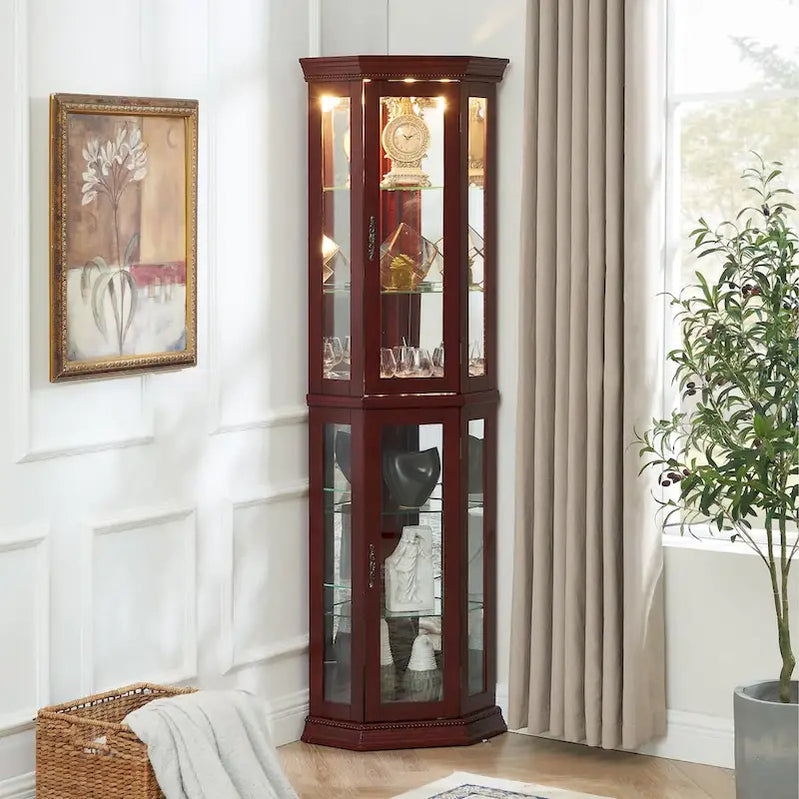 Corner Curio Cabinet With Lights, Adjustable Tempered Glass Shelves, Mirrored Back, Display Cabinet