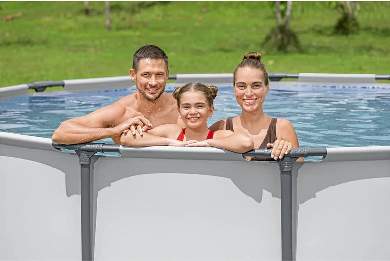 Steel Pro MAX 14 Ft. x 48 In. Round Metal Frame Above Ground Outdoor Swimming Pool Set With 1,000 Filter Pump, Ladder, And Cover, Gray