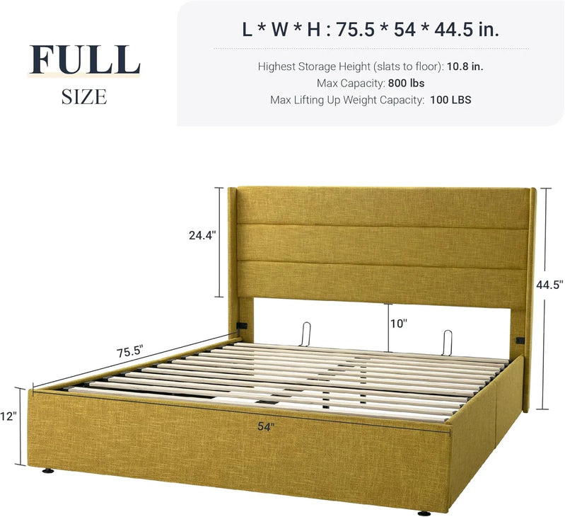 Allewie Queen Size Lift Up Storage Bed, Modern Wingback Headboard, Hydraulic Support, No Box Spring Needed, Light Beige