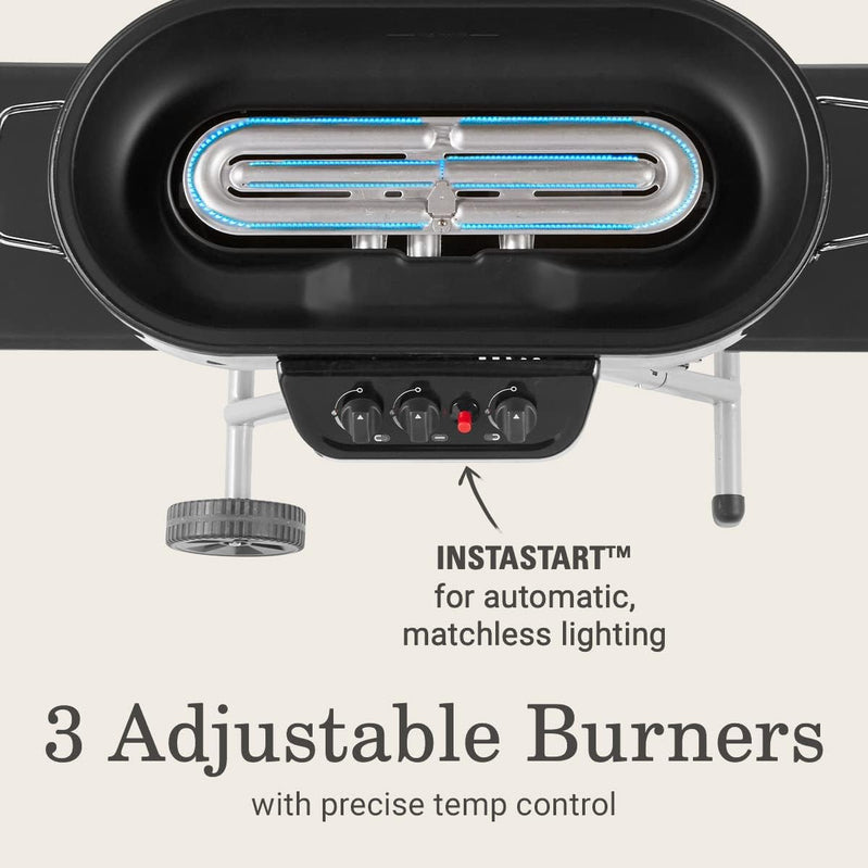 RoadTrip Portable Stand-Up Propane Grill With 3 Adjustable Burners And Instastart Ignition, 20,000 BTUs Of Power For Outdoor Cooking