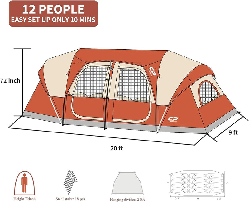 Campros Cp Tent 12-Person-Camping-Tents, 3 Room Family Tents, Waterproof Windproof Family Tent With Top Rainfly, 6 Large Mesh Windows, Bag-20