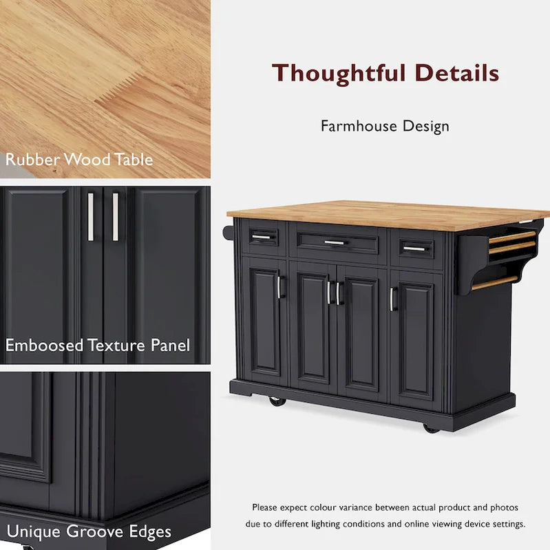 54 Large Kitchen Island With Rubber Wood Drop Leaf, Embossed Texture Rolling Kitchen Cart On 4 Wheels With 4 Doors And 3 Drawers