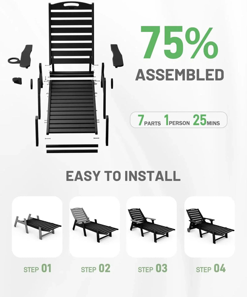 Lounge Chair Outdoor, Chaise Lounge, HDPE 6-Position Outdoor Chaise Lounge