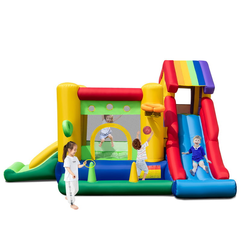 Costway Colorful Rainbow Kids Inflatable Bounce Castle With 50 Ocean Balls And 735W Blower