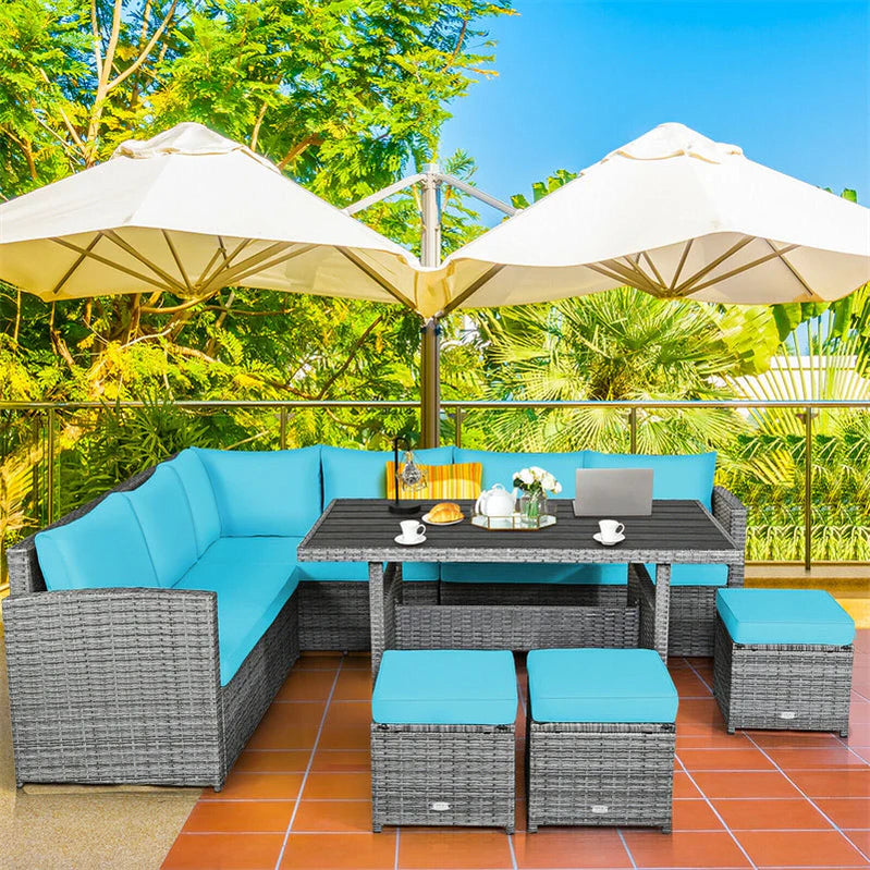 7 Pcs Rattan Patio Dining Furniture Sectional Sofa Set With Dining Table, Ottomans And Cushions