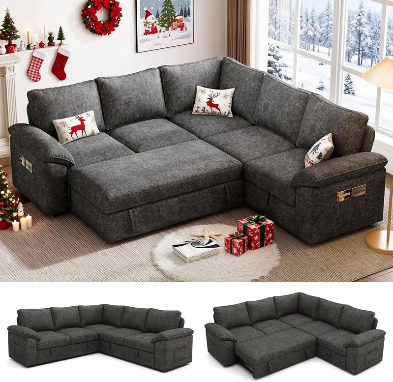 108 In. Sectional Sleeper Sofa With Pull Out Bed, U Shaped 7 Seat Modular Sectional Sofa