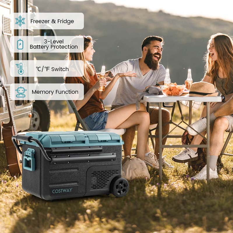 40-Quart Dual-Zone Car Refrigerator With Wheels, 12V/24V DC And 100-240V AC Portable Car Fridge Cooler Freezer