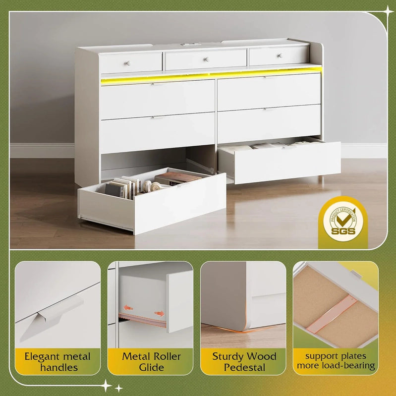 9 Drawer LED Dresser For Bedroom, 58.35 In. Wide Wood Dresser Storage Organizer With Power Outlets For 65 In. TV, Dressers With Open Shelves