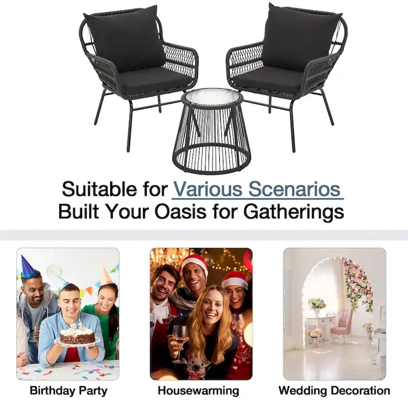 3-Piece Patio Conversation Bistro Set, Outdoor Rattan Furniture Set With Glass Table And 2 Wide Armchairs, Seat Cushions