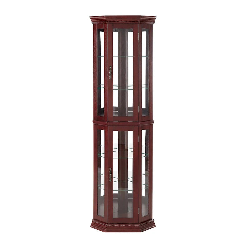 Corner Curio Cabinet With Lights, Adjustable Tempered Glass Shelves, Mirrored Back, Display Cabinet